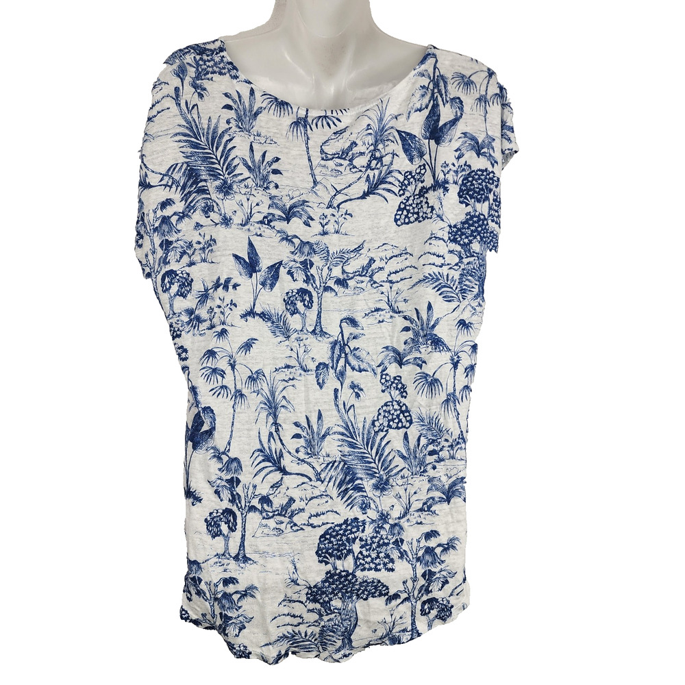 Nicole Miller Womens 100% Linen Top L Blue White Floral Short Sleeve Tropical - Picture 2 of 9